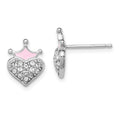 Sterling Silver Madi K Rhodium-plated Polished Pink Enamel & Crystal Crown Heart Children's Post Earrings, 12 x 10 mm