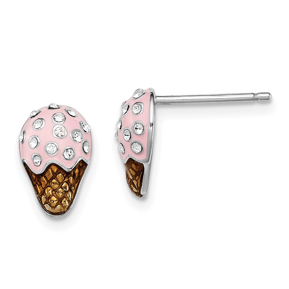 Sterling Silver Madi K Rhodium-plated Polished Pink & Brown Enameled & Crystal Ice Cream Children's Post Earrings, 11 x 7 mm