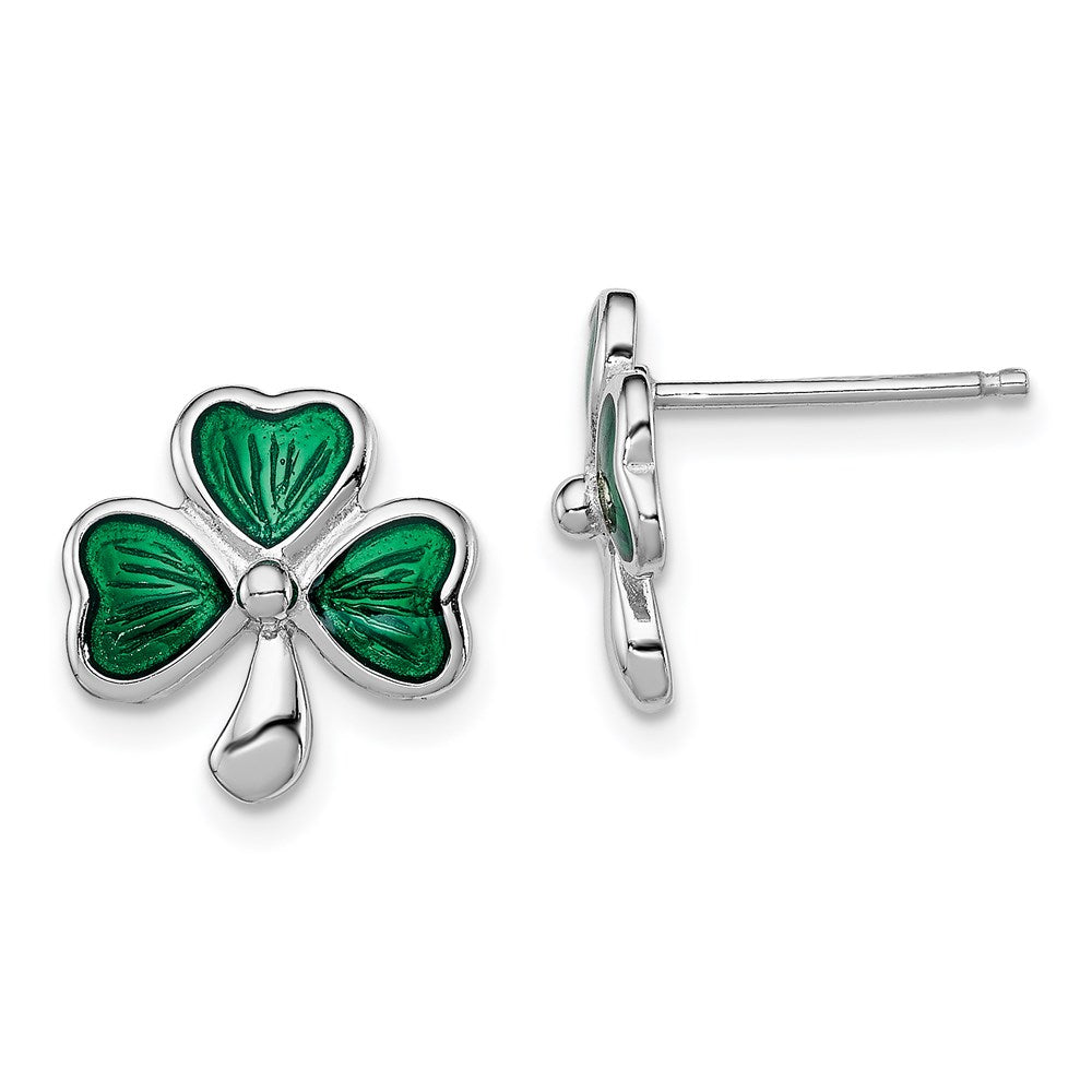 Sterling Silver Madi K Rhodium-plated Polished Green Enameled Shamrock Children's Post Earrings, 12 x 13 mm