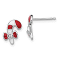 Sterling Silver Madi K Rhodium-plated Polished Red & White Enameled & Crystal Candy Cane Children's Post Earrings, 12 x 9 mm