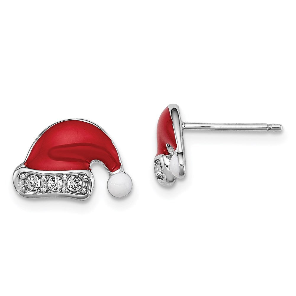 Sterling Silver Madi K Rhodium-plated Polished Red & White Enameled & Crystal Santa Hat Children's Post Earrings, 9 x 13 mm