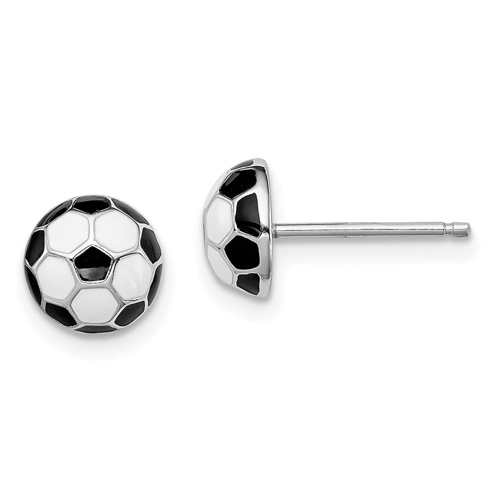 Sterling Silver Madi K Rhodium-plated Polished Black & White Enameled Soccer Ball Children's Post Earrings, 8 x 8 mm