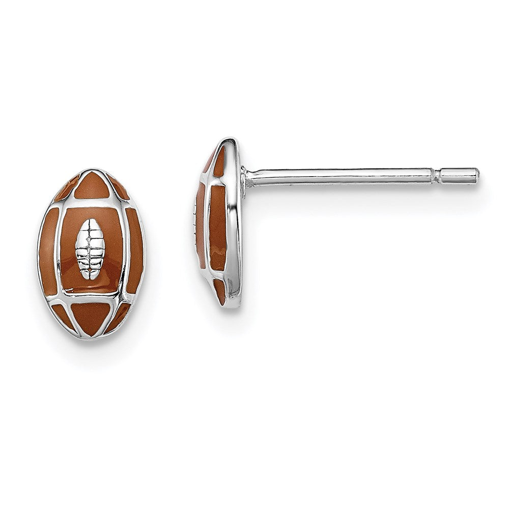 Sterling Silver Madi K Rhodium-plated Polished Brown Enameled Football Children's Post Earrings, 8 x 5 mm