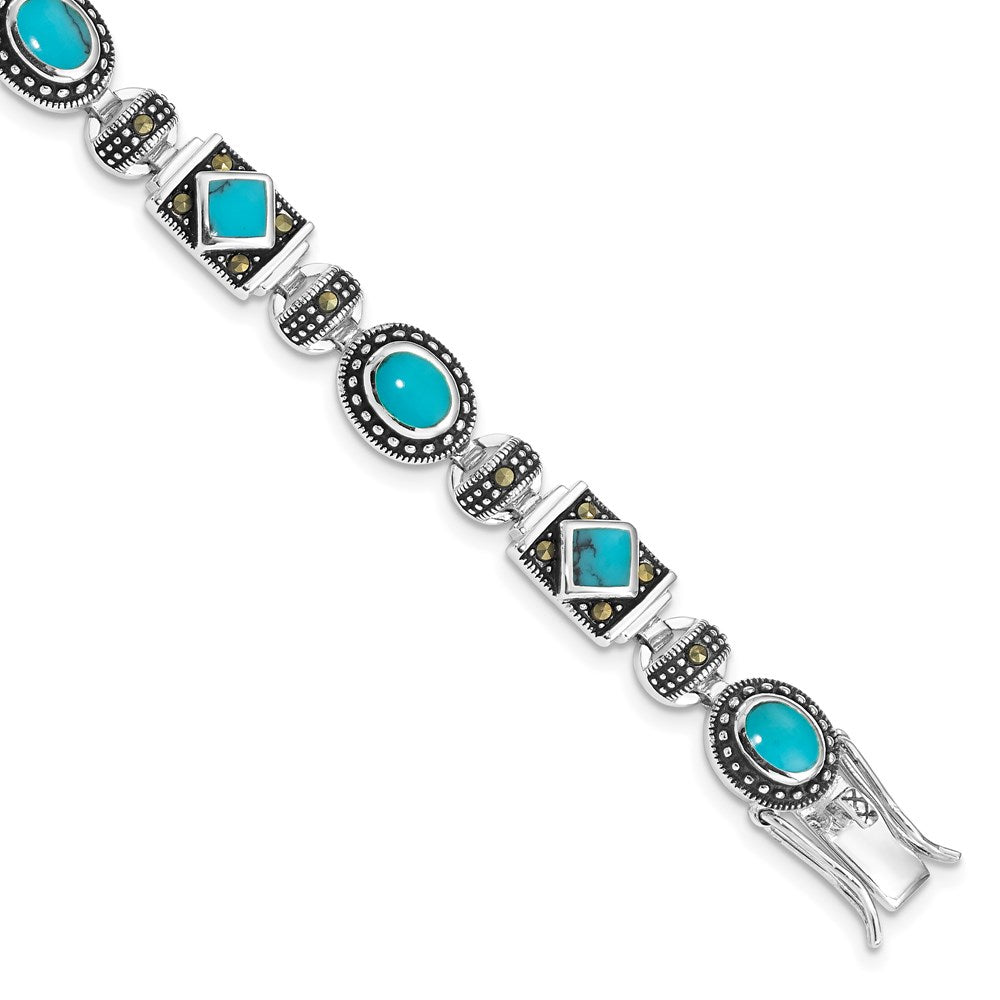 Sterling Silver Rhodium-plated Synth Turquoise and Marcasite Bracelet, 7 x 11.5 mm