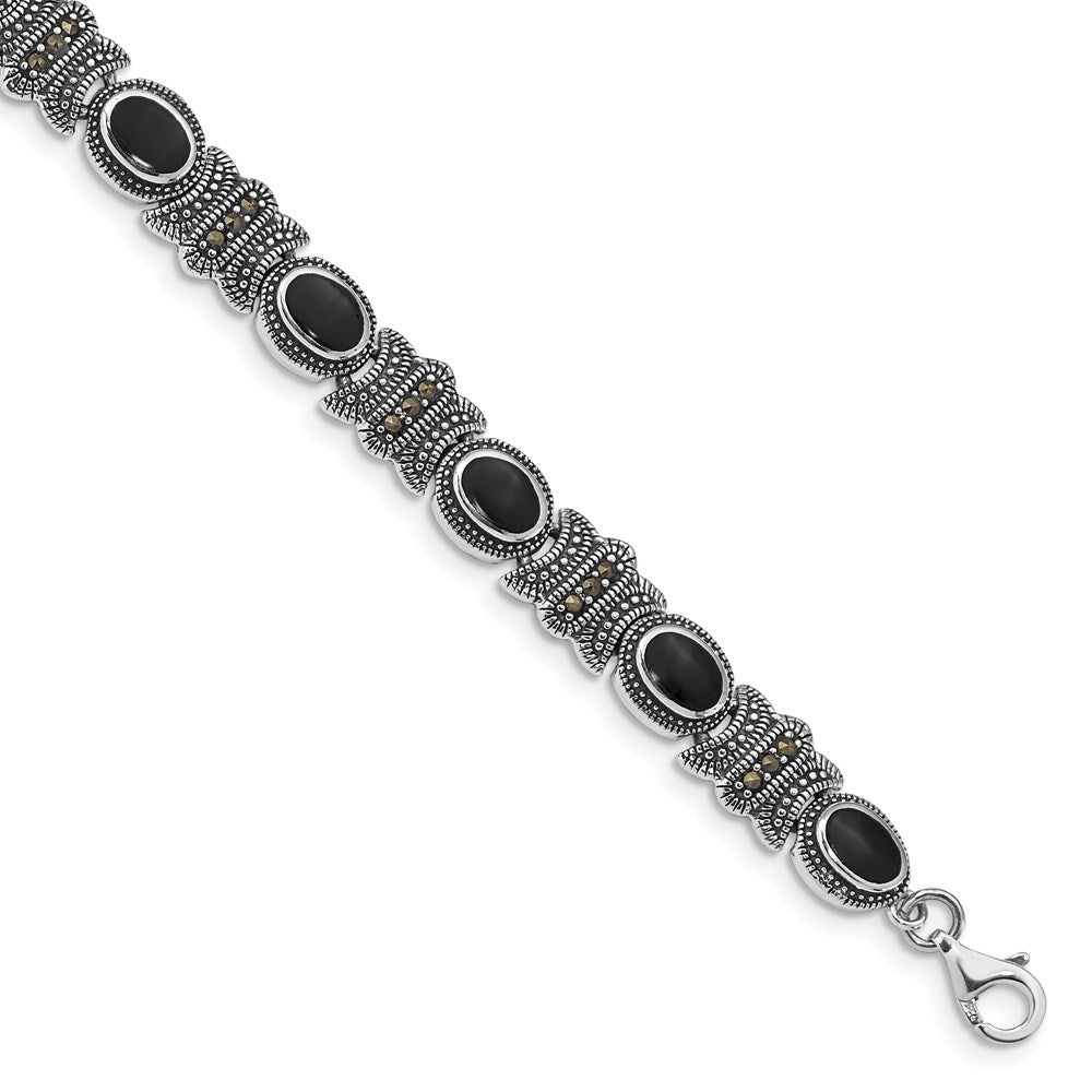 Sterling Silver Rhodium-plated Marcasite and Onyx 7.25 inch Bracelet, 7.25 x 7 mm