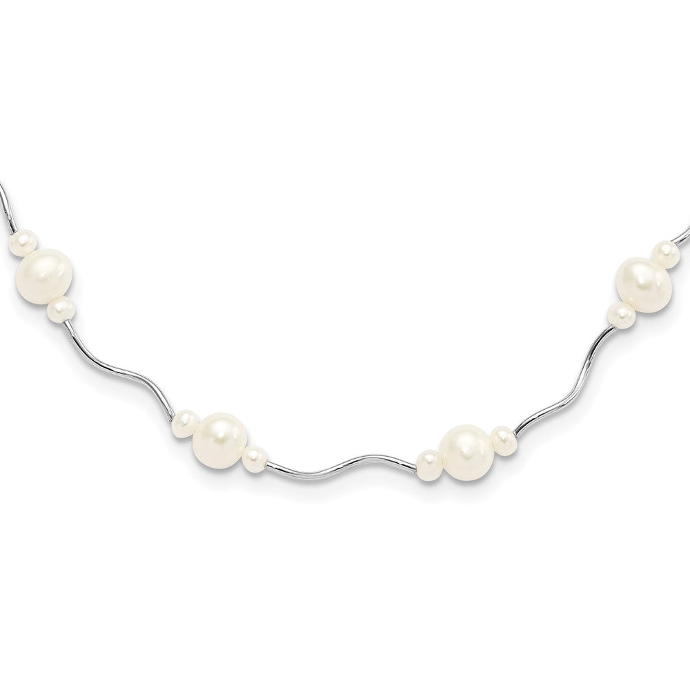 Sterling Silver Rhodium-plated 3-7mm White Near-Round Freshwater Cultured Pearl 13-Station 16 inch with 2.5 inch Extension Necklace, 18.5 mm