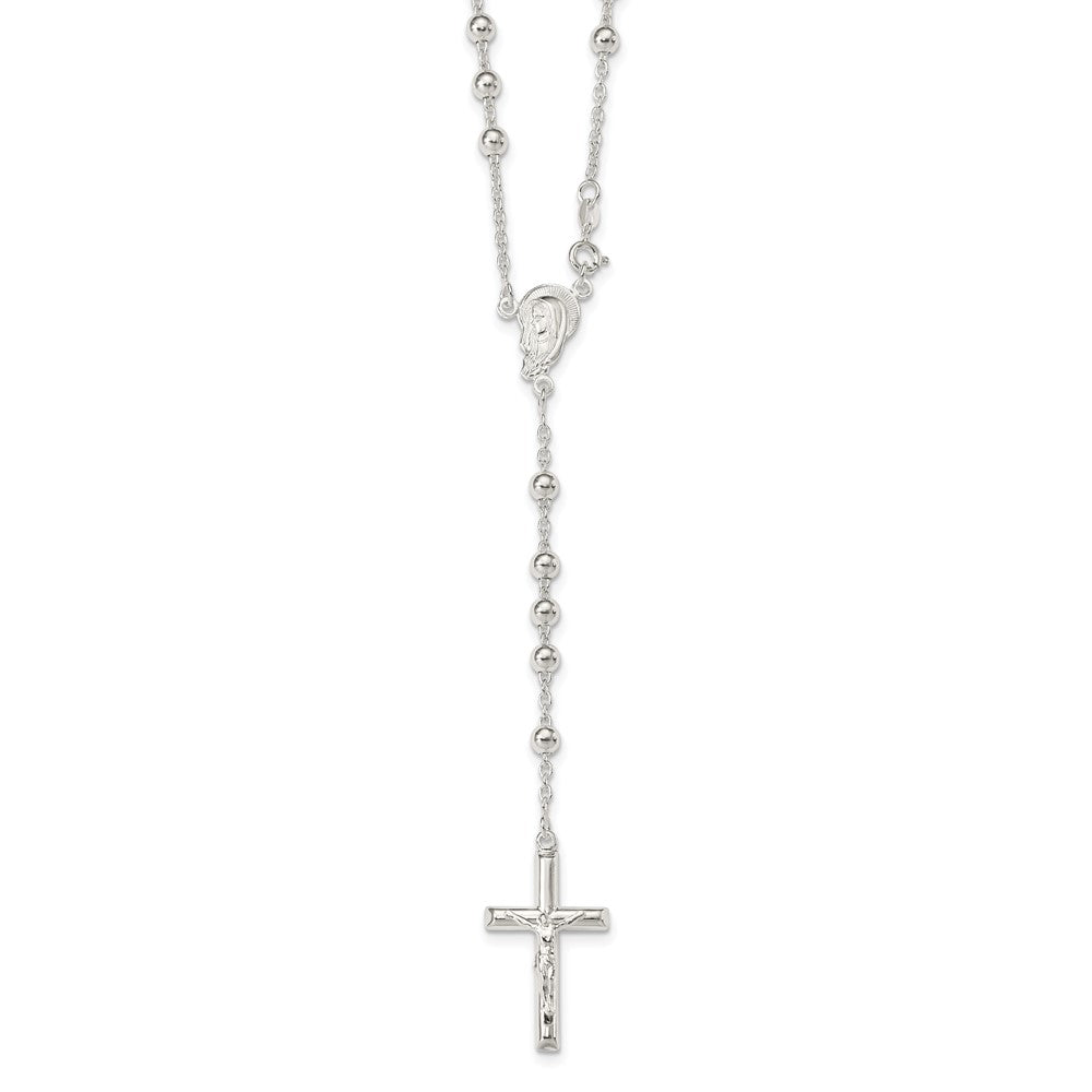 Sterling Silver Polished Beaded Rosary 30 inch Necklace, 30 mm
