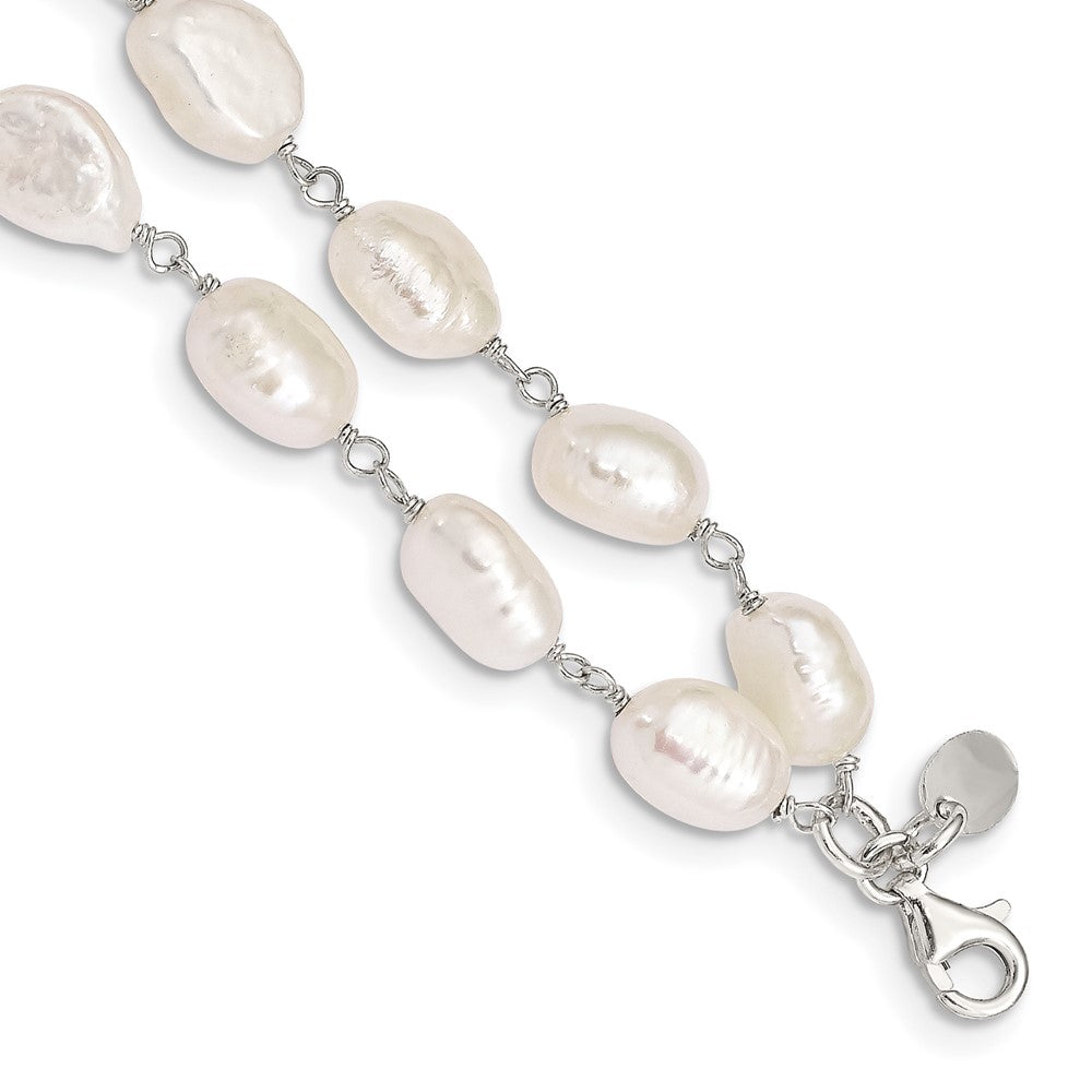 Sterling Silver 2-Strand White Baroque FW Cultured Pearl 8.5in Bracelet, 9.5 x 8 mm