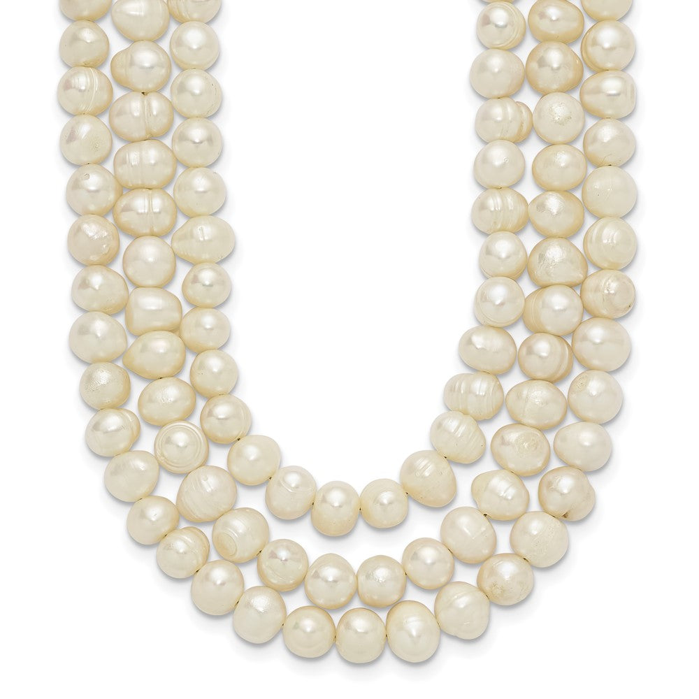 Sterling Silver Triple Strand White FW Cultured Pearl Necklace, 21 x 21 mm