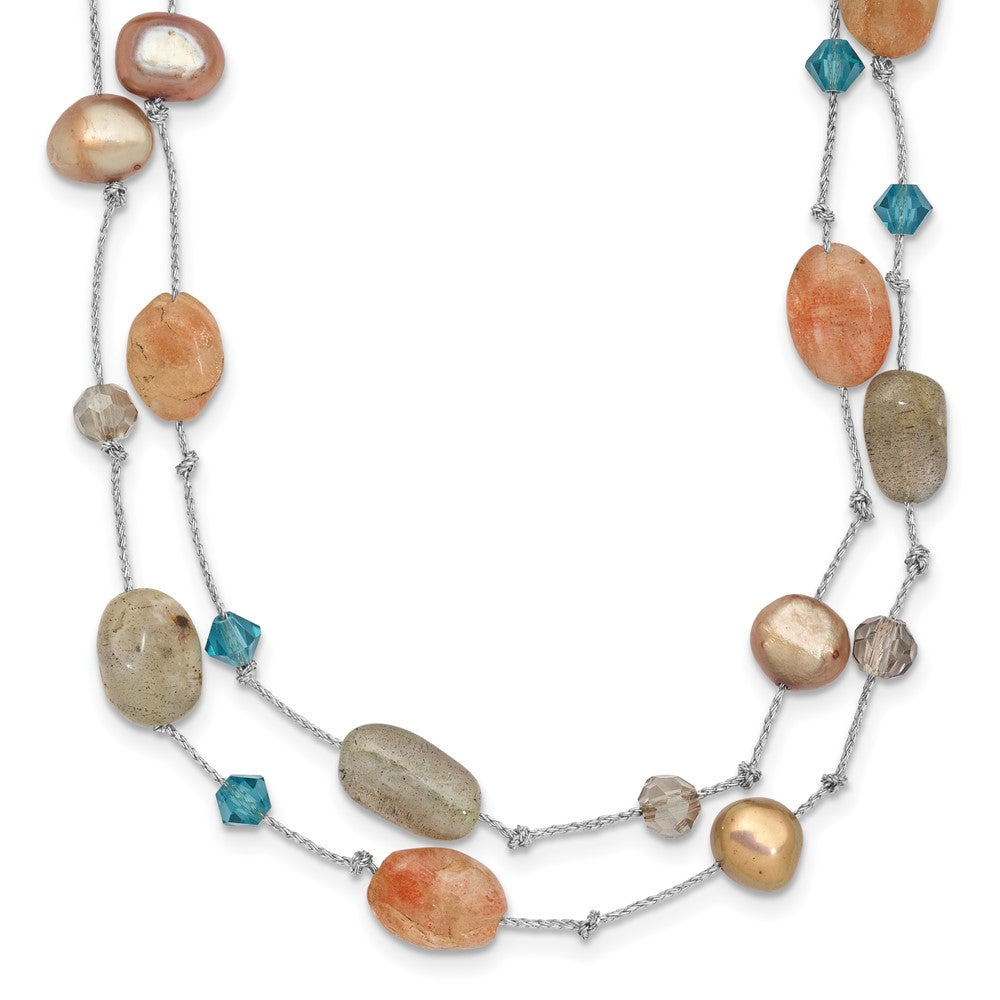 Labradorite/Red Moonstone/FW Cultured Pearl/Crystal Necklace, 16 x 9 mm