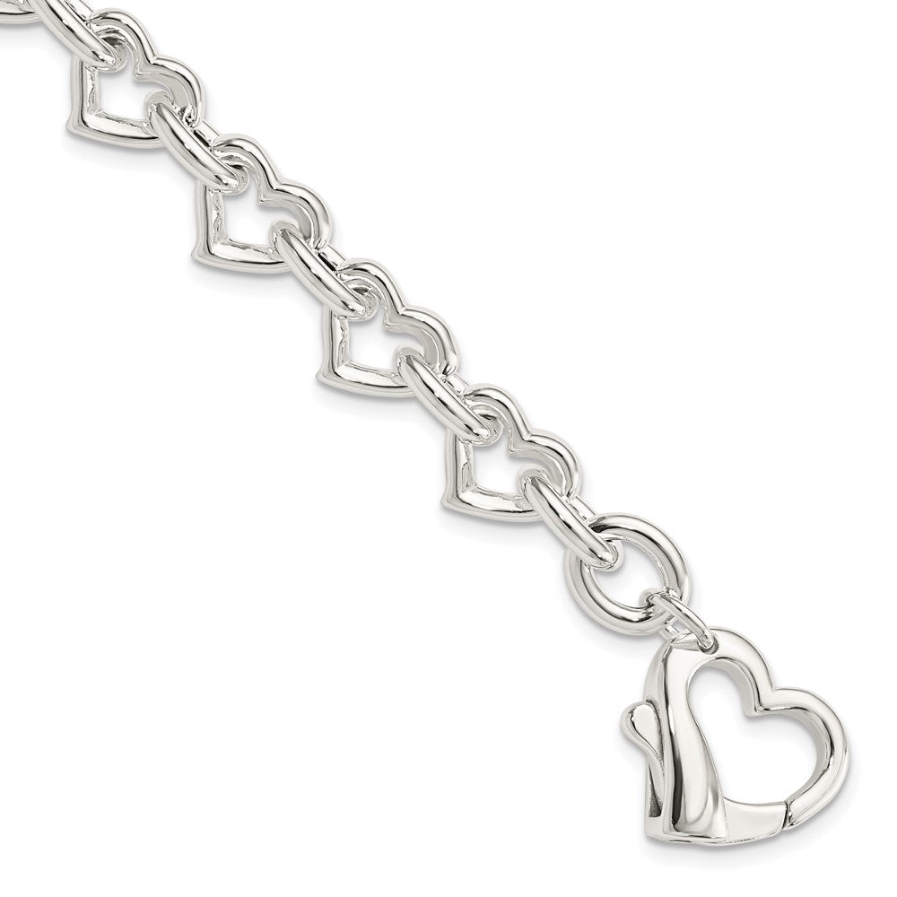 Sterling Silver 7.5inch Polished Fancy Heart Link Bracelet, 7.5 x 11 mm