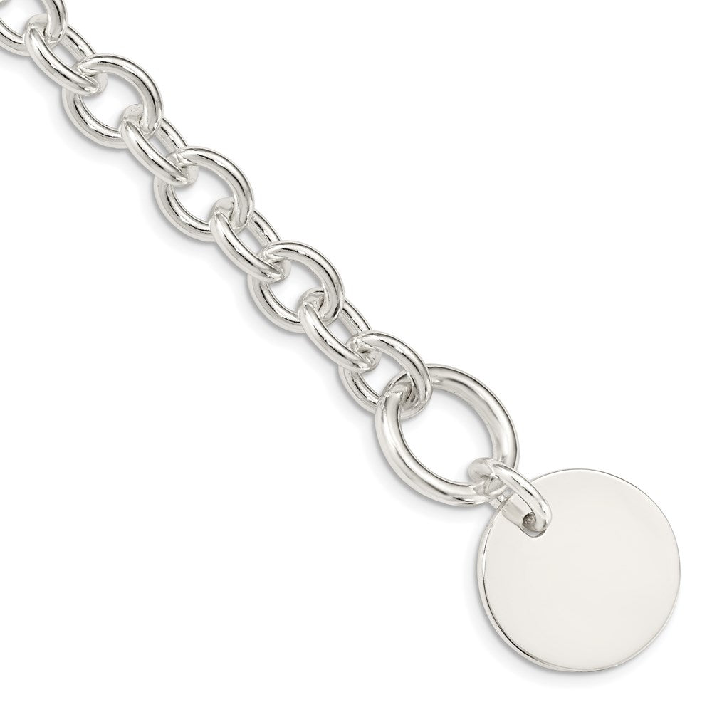 Sterling Silver Engraveable Circular Disc on Fancy Link Bracelet, 7.5 x 20 mm