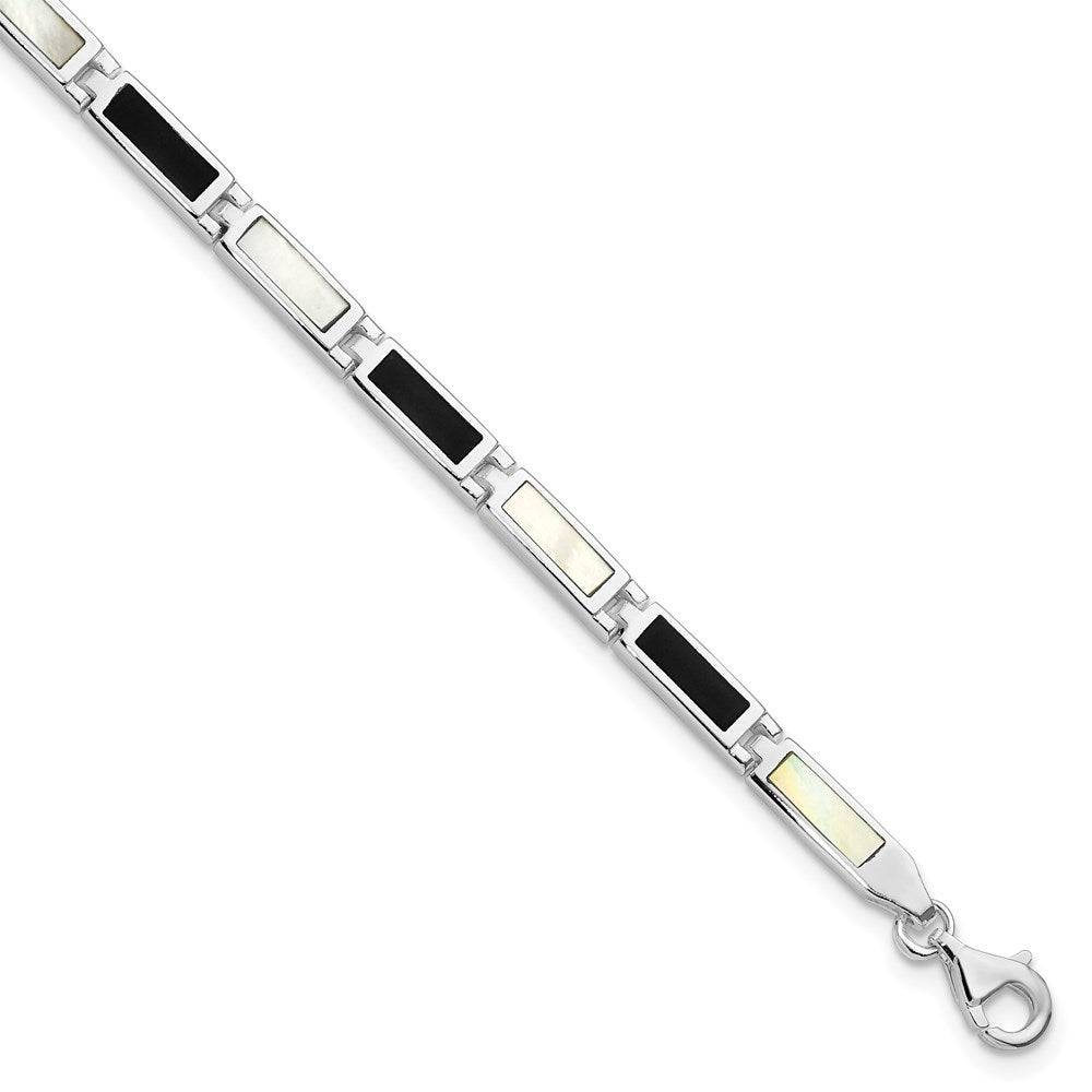 Sterling Silver Rhodium-plated 7in Onyx/Mother Of Pearl Bracelet, 7 x 4 mm