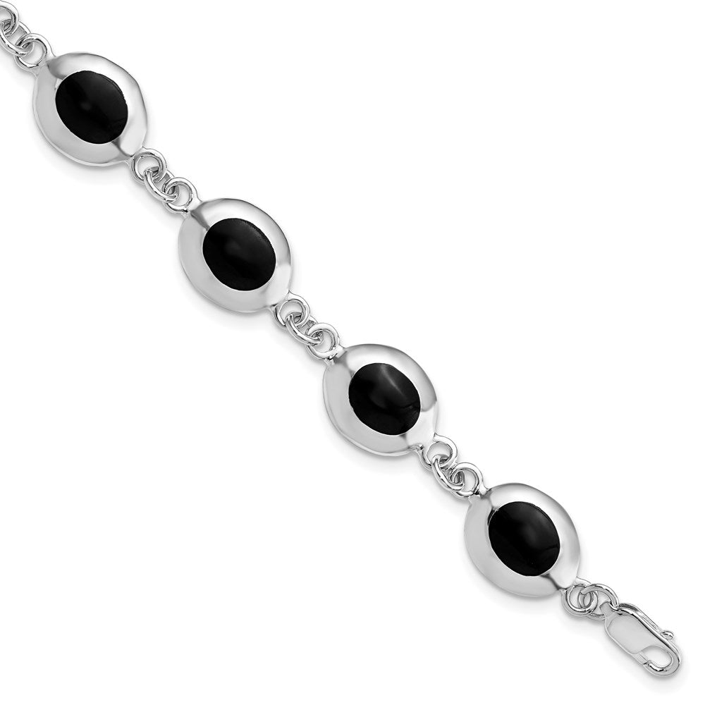 Sterling Silver Rhodium-plated Fancy Polished Onyx Bracelet, 7 x 10 mm