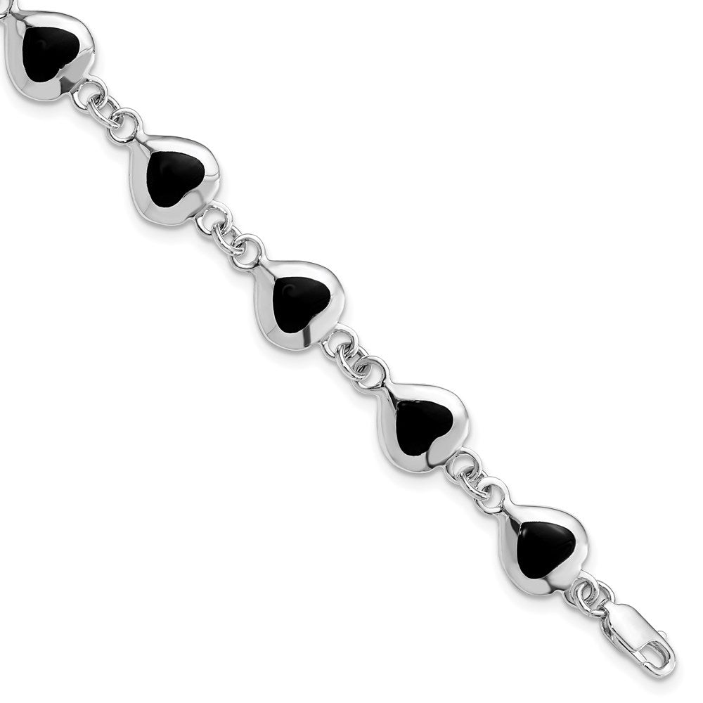 Sterling Silver Rhodium-plated 7inch Fancy Polished Heart Onyx Bracelet, 7 x 9 mm
