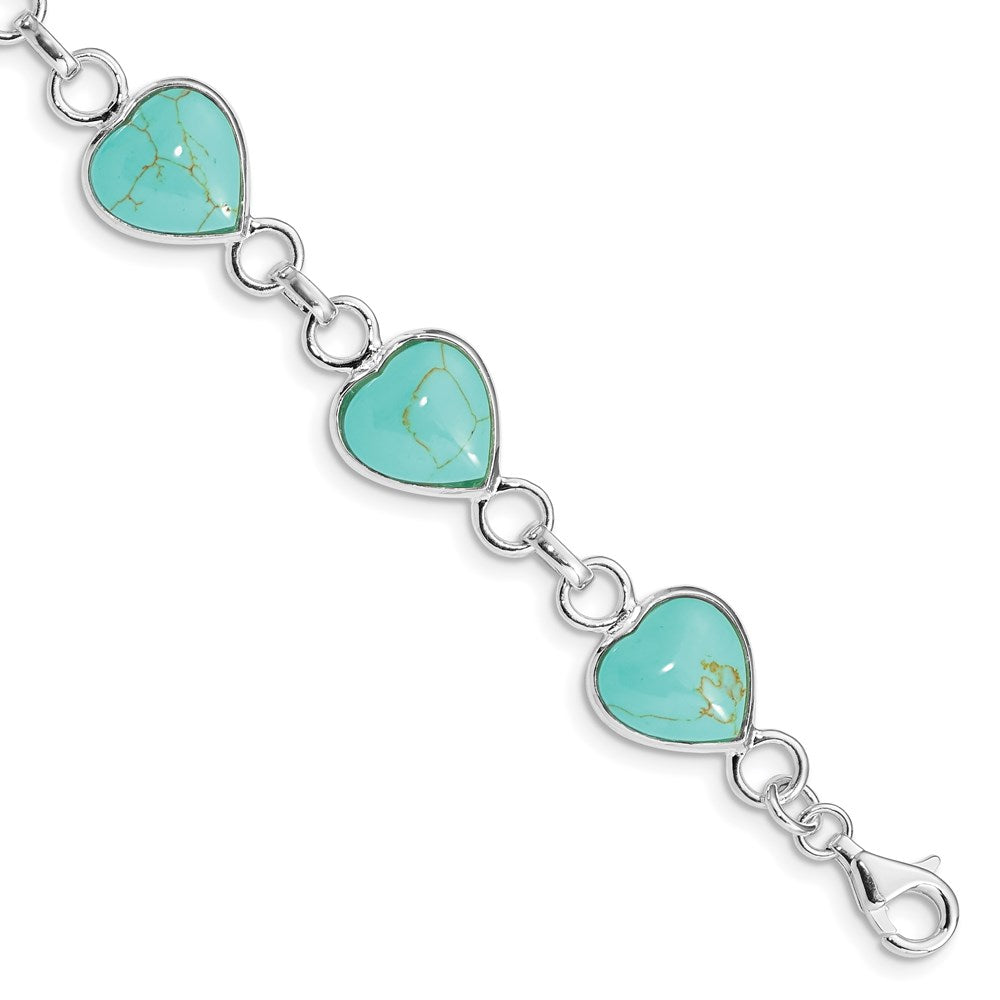 Sterling Silver Rhodium-plated Heart-shaped Turquoise Bracelet, 7 x 11.5 mm
