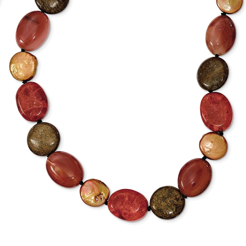 Sterling Silver Tiger Eyes/Carnelian/Reconst. Coral/FW Cult. Pearl Necklace, 20 x 20 mm