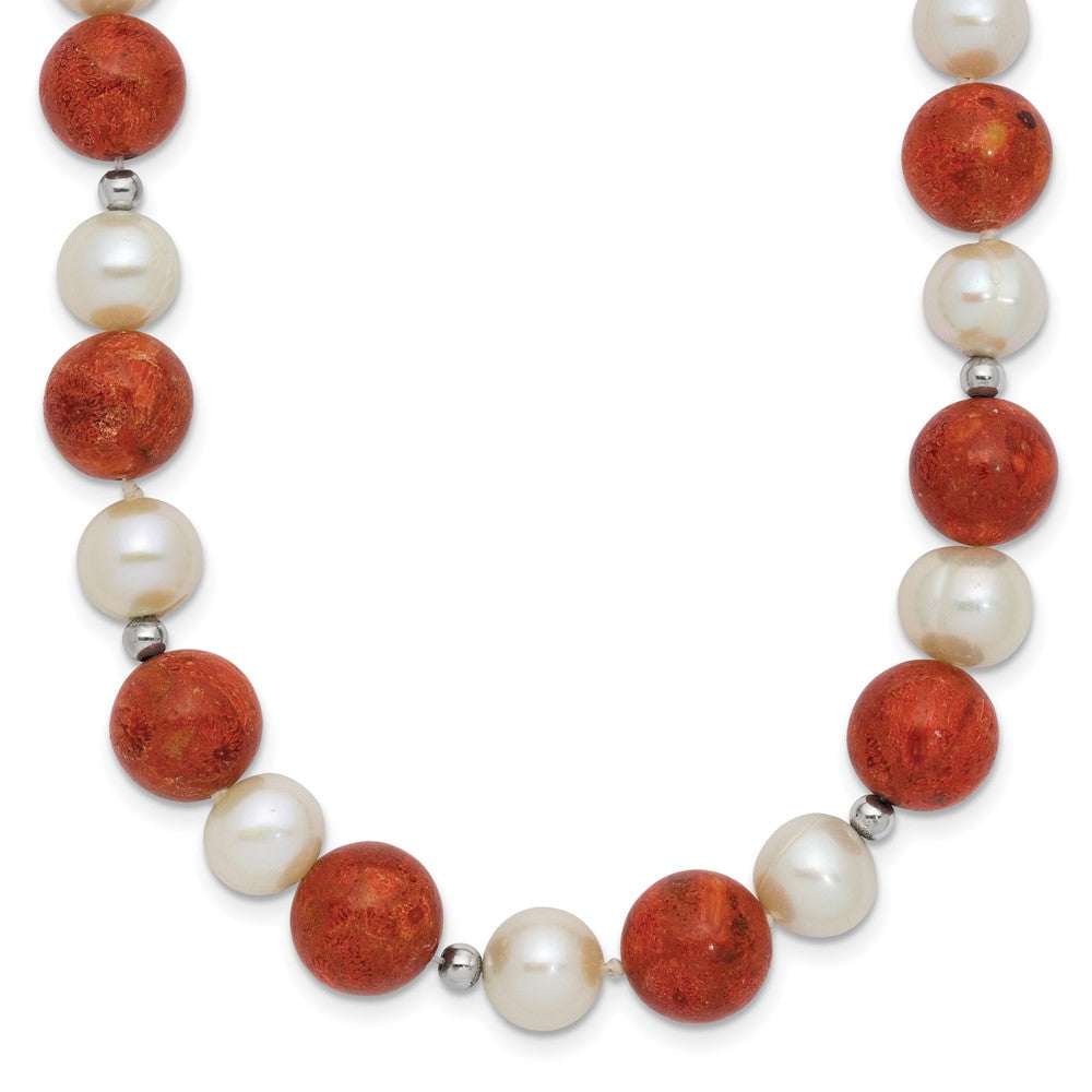 Sterling Silver Rhod-pltd FWC Pearl / Stabilized Red Coral Necklace, 18 mm