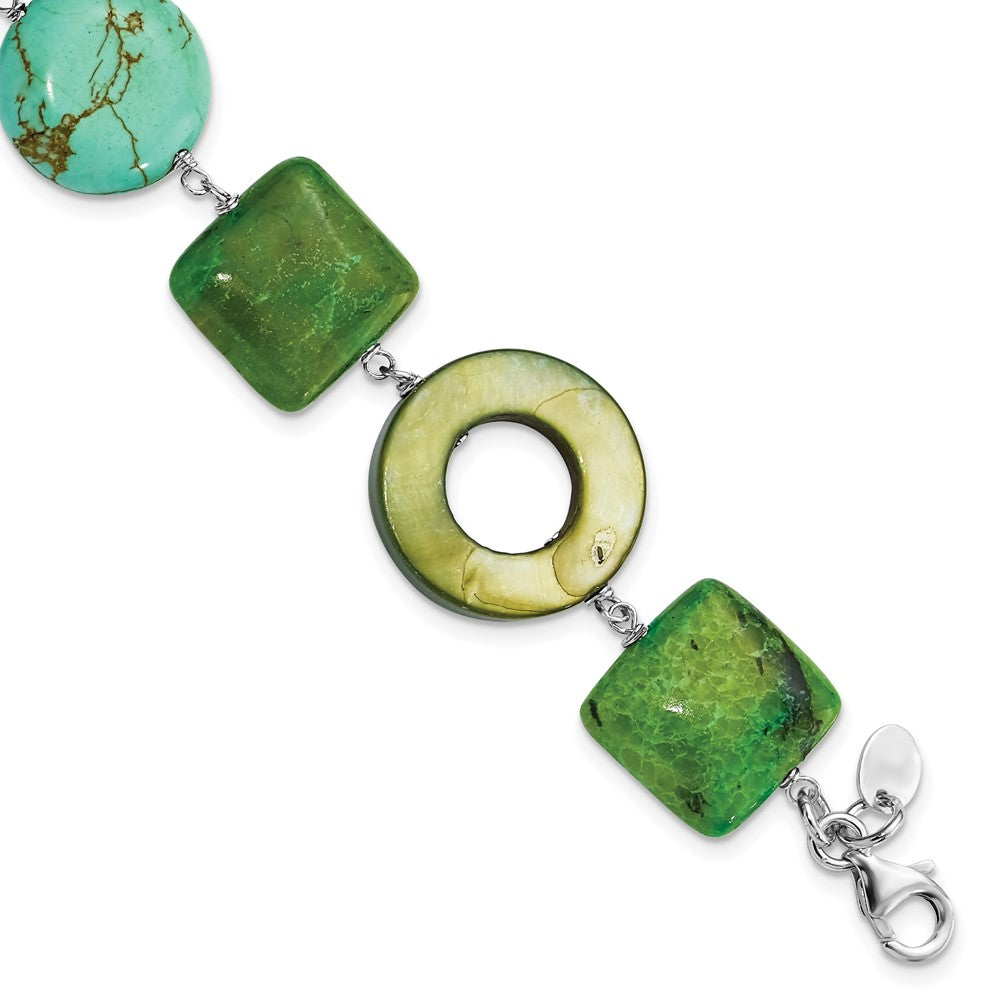 Sterling Silver Chrysocolla, Dyed Howlite & Dyed Mother Of Pearl w/ 1.5in ext Bracelet, 8.5 x 20.3 mm