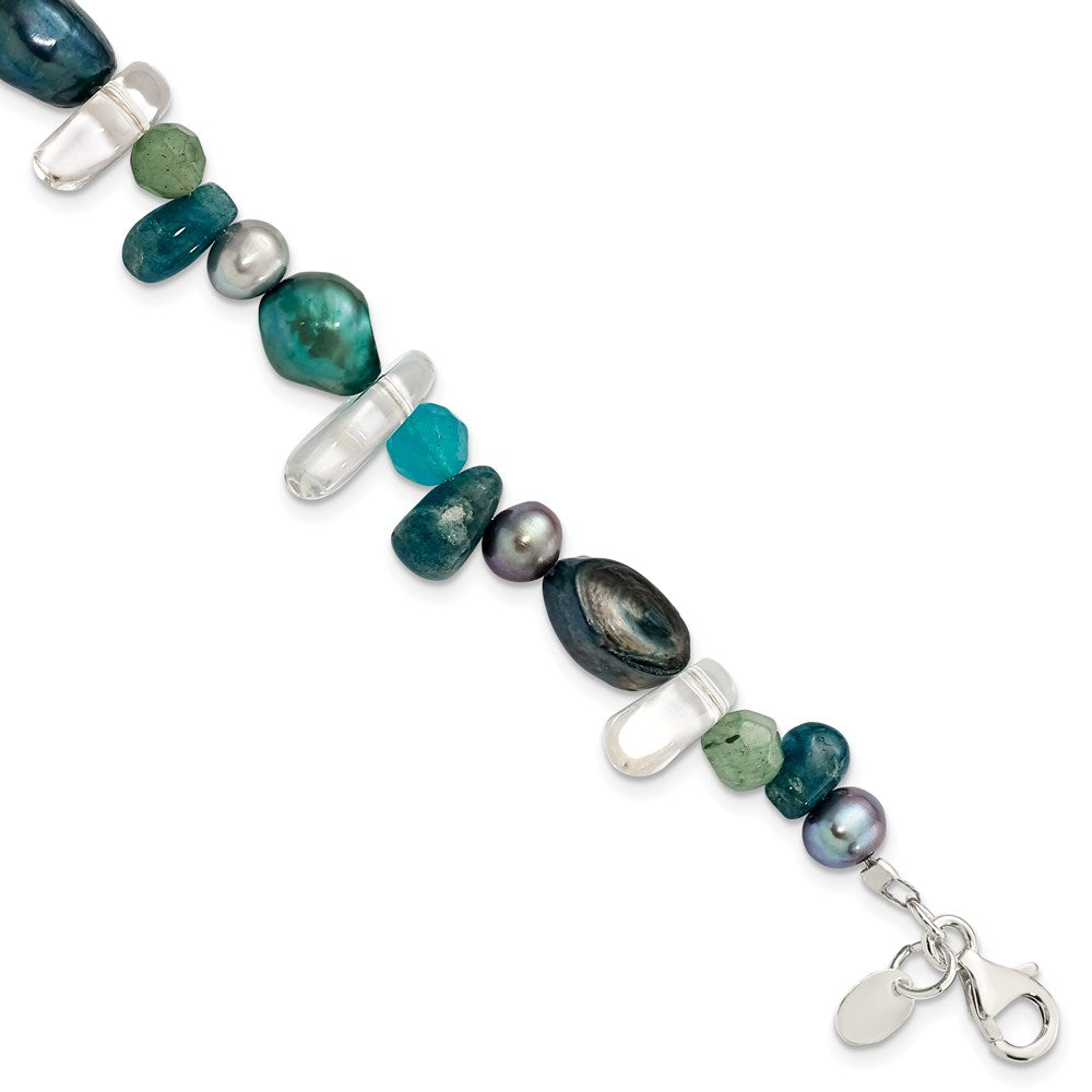 Sterling Silver Aventurine, Synthetic Blue Quartz/FWC Pearl Bracelet, 8.75 x 10 mm