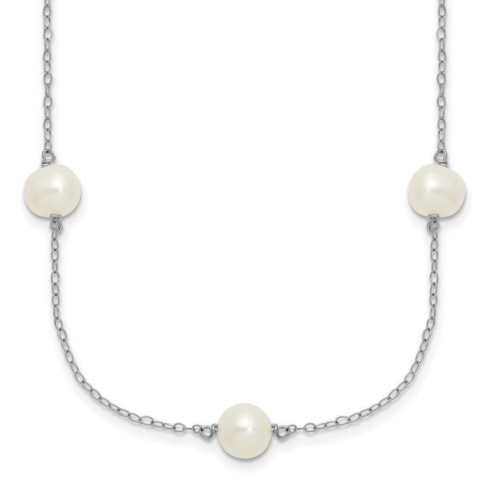 Sterling Silver Rhodium-plated 7-8mm White Near-Round Freshwater Cultured Pearl 7-Station 17 inch with 2 inch Extension Necklace, 19 x 8 mm