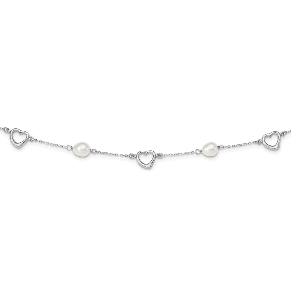 Sterling Silver Rhodium-plated 7-8mm White Teardrop Freshwater Cultured Pearl and Hearts 17 inch with 2 inch Extension Necklace, 19 mm