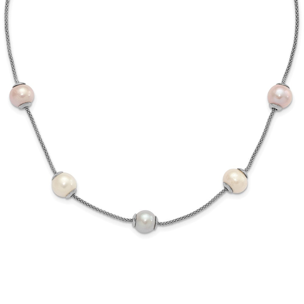 Sterling Silver 9-11mm Multi-color Freshwater Cultured Pearl w/ 2in ext. Necklace, 19 x 11 mm
