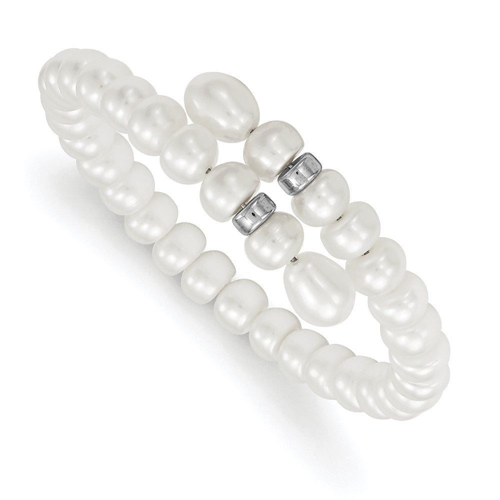 Sterling Silver Rhodium-plated 6-8mm White Button and Rice Freshwater Cultured Pearl Flexible 7.5 inch Bracelet, 7.5 mm
