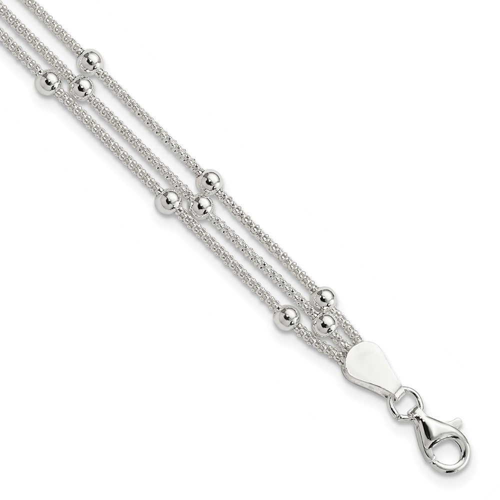 Sterling Silver Polished Beaded 3-strand Bracelet, 7 x 3 mm
