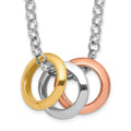 Sterling Silver Rhodium, Rose and Gold-Tone 3-Circle Necklace, 16 x 21 mm