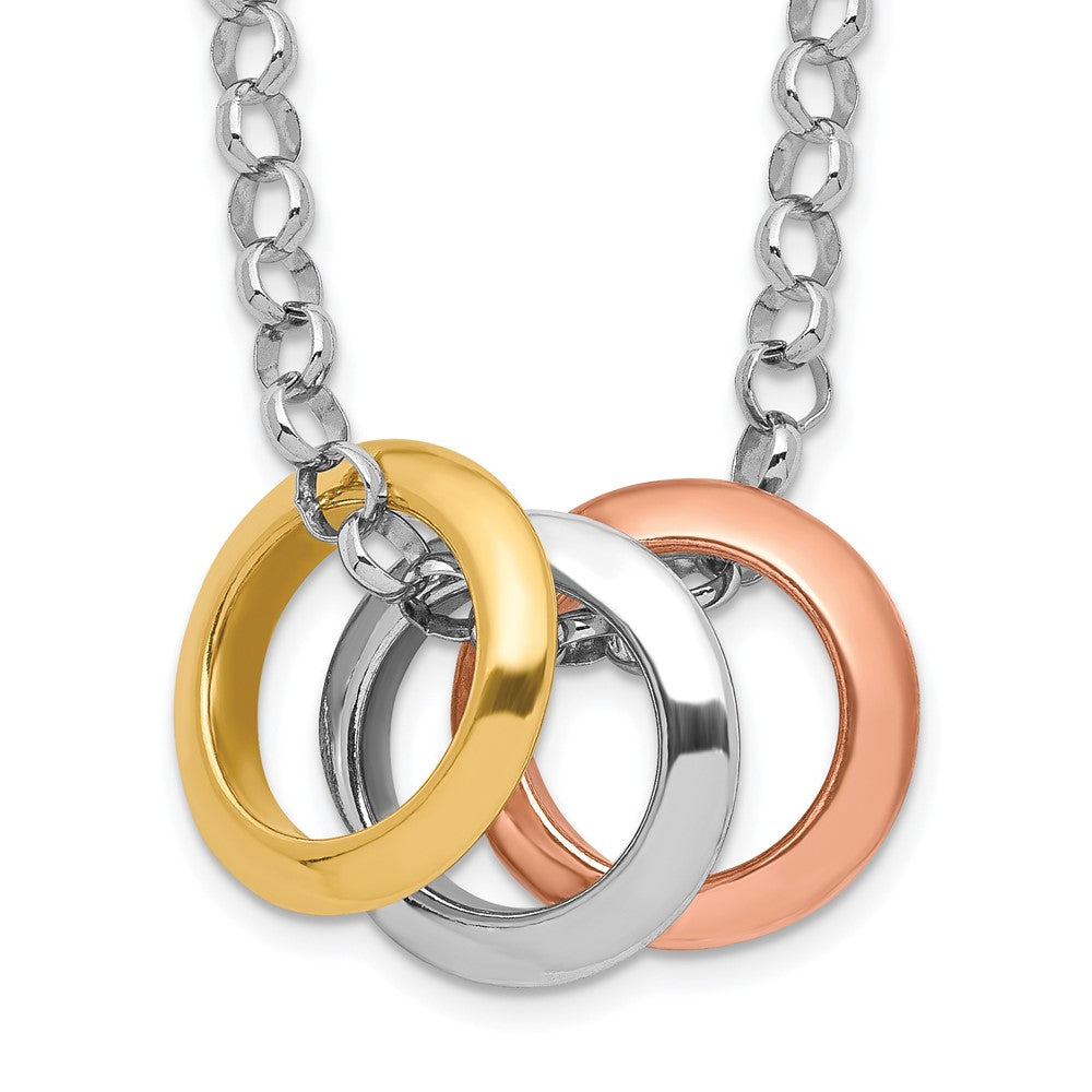 Sterling Silver Rhodium, Rose and Gold-Tone 3-Circle Necklace, 16 x 21 mm