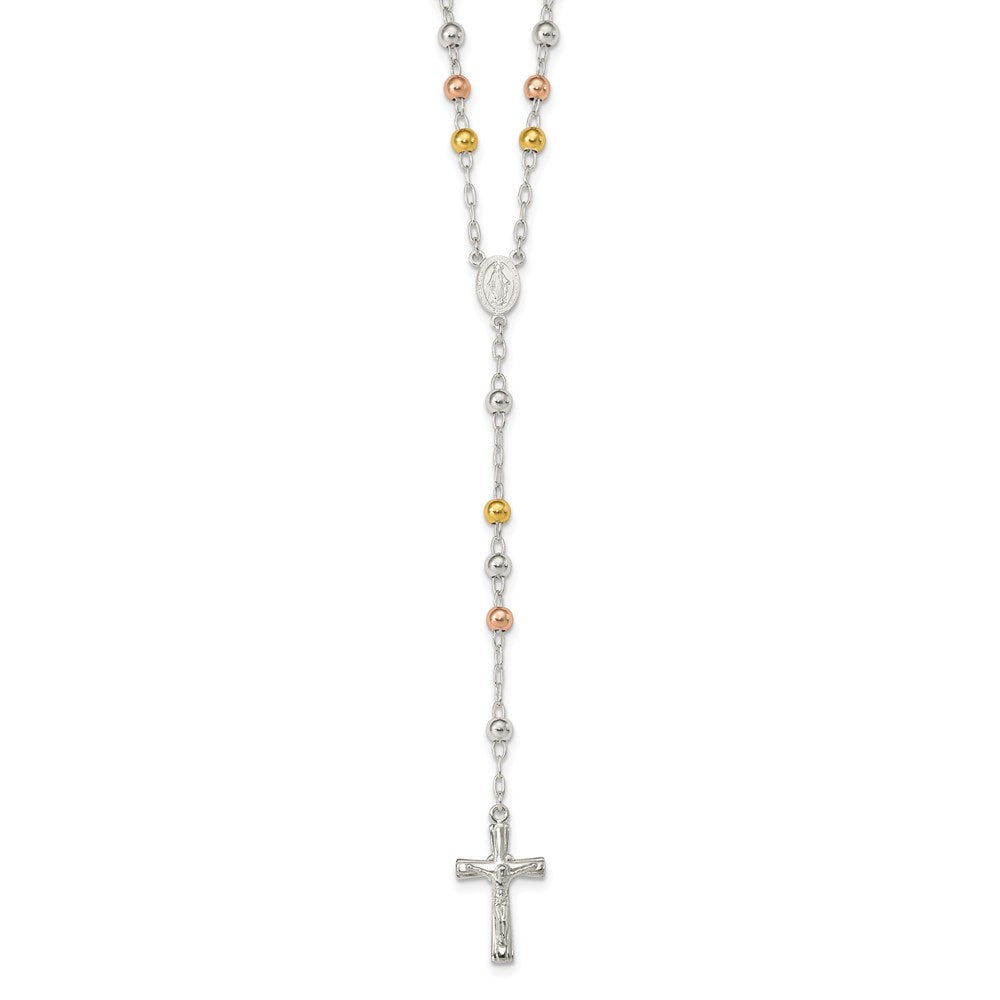 Sterling Silver Polished Rosary Tri-color Beads Necklace, 26 mm