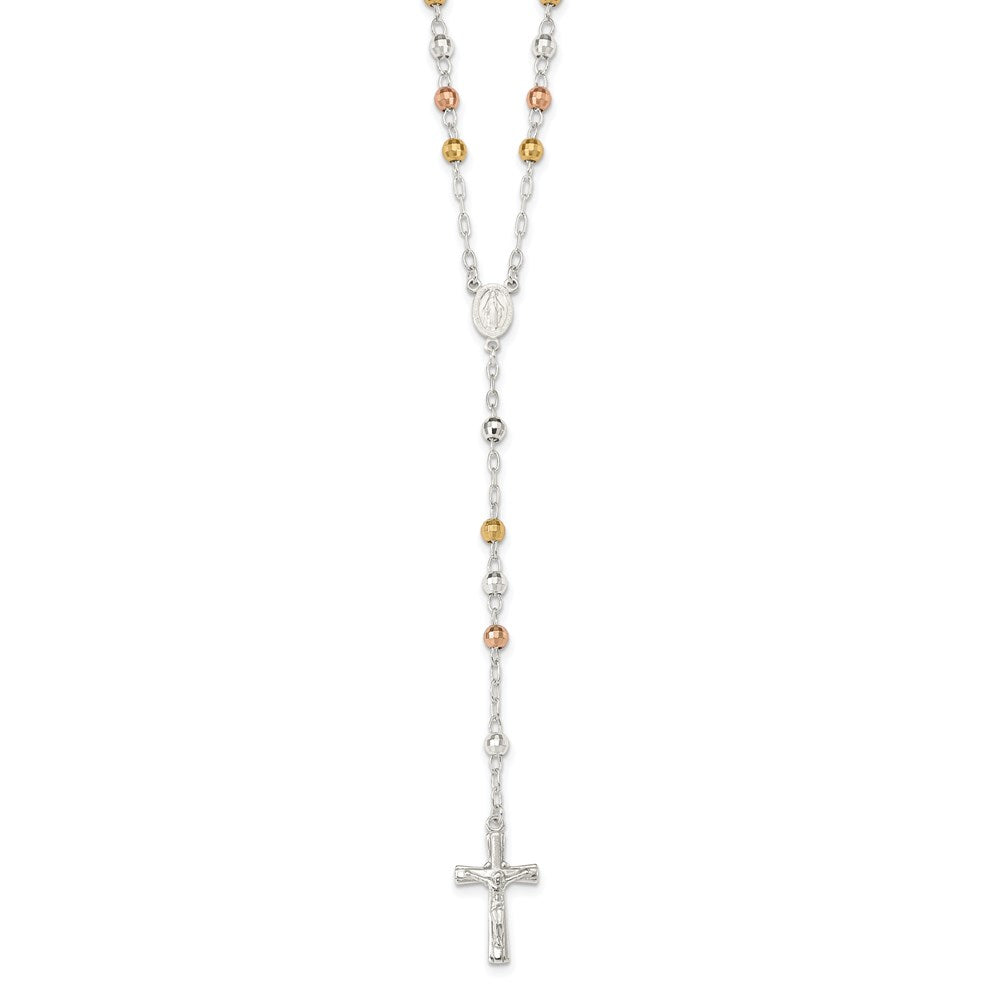 Sterling Silver Tri-color Polished Textured Bead Rosary 26 inch Necklace, 26 mm