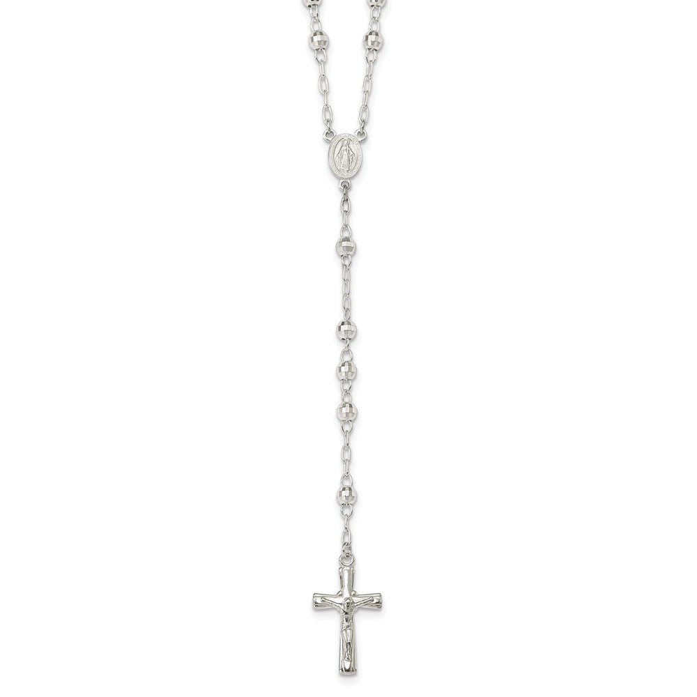 Sterling Silver Polished and Textured Bead Rosary 26 inch Necklace, 26 mm