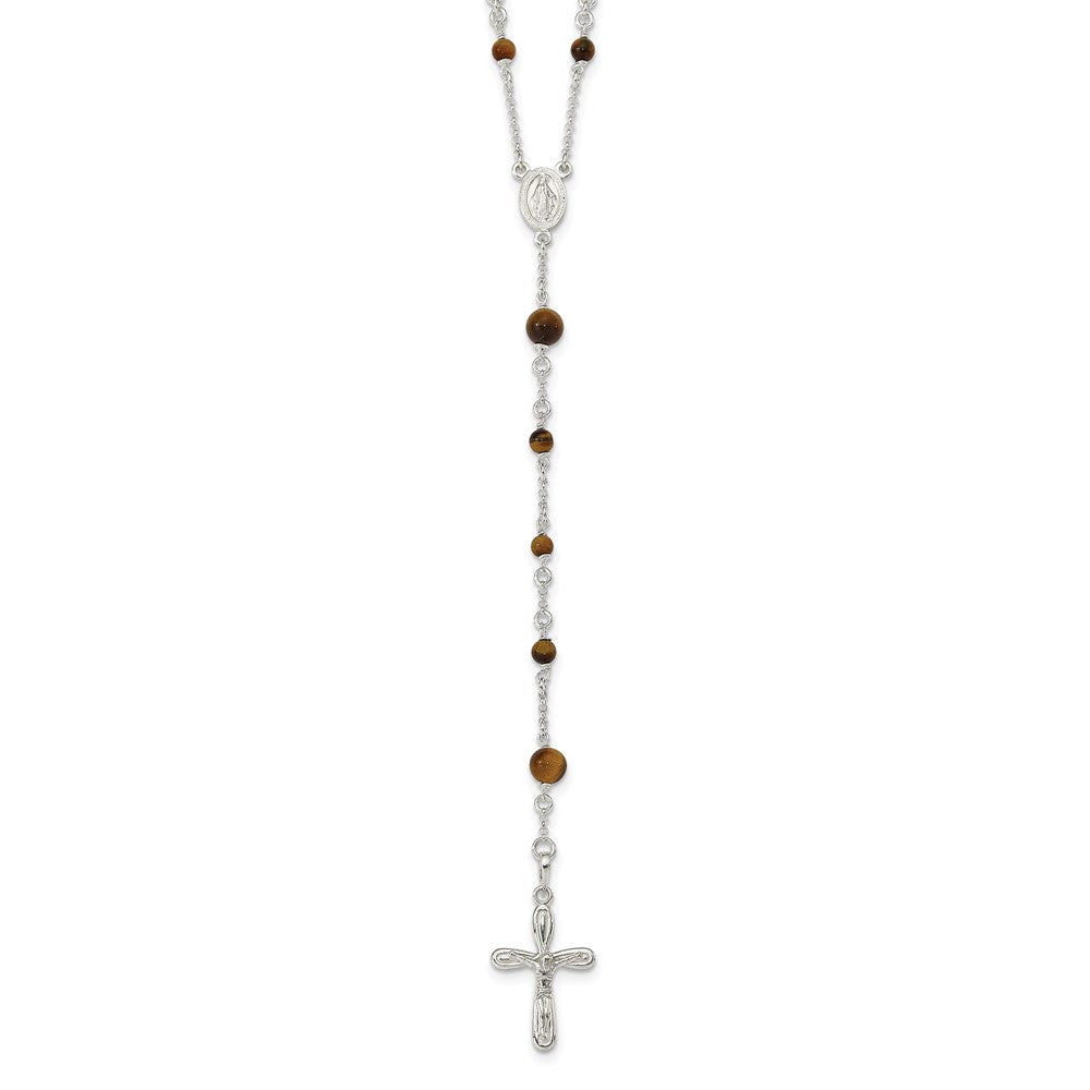 Sterling Silver Polished Tiger Eye Bead Rosary 33 inch Necklace, 33 mm