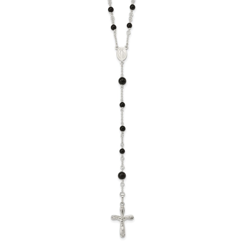 Sterling Silver Polished Black Onyx Rosary Necklace, 33 mm