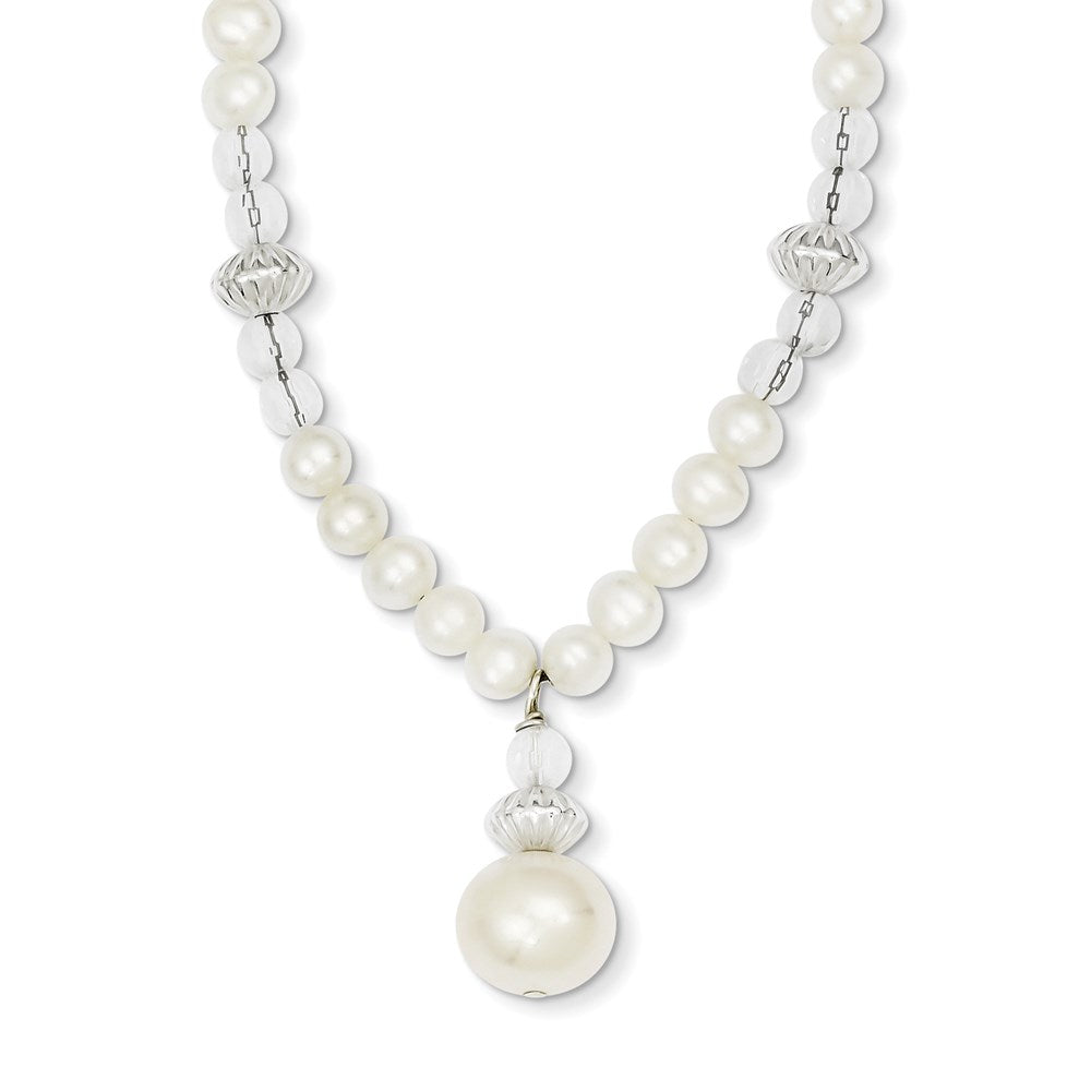 Sterling Silver FW Cultured Pearl & Crystal Bead W/2in Ext Necklace, 18 mm