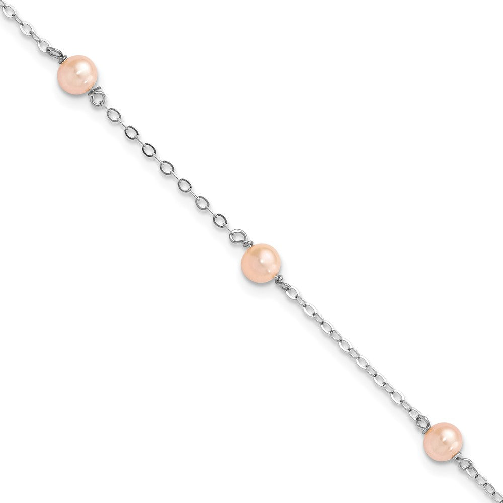 Sterling Silver Rhodium-plated 4-5mm Pink Semi-Round Freshwater Cultured Pearl 3-Station 5 inch with 1 inch Extension Children's Bracelet, 6 mm
