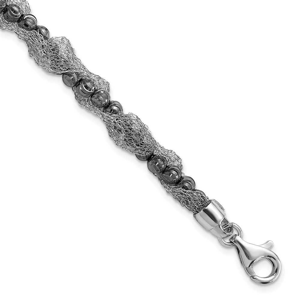 Sterling Silver Ruthenium-plated Fancy D/C Beaded & Mesh Bracelet, 7.25 x 8 mm