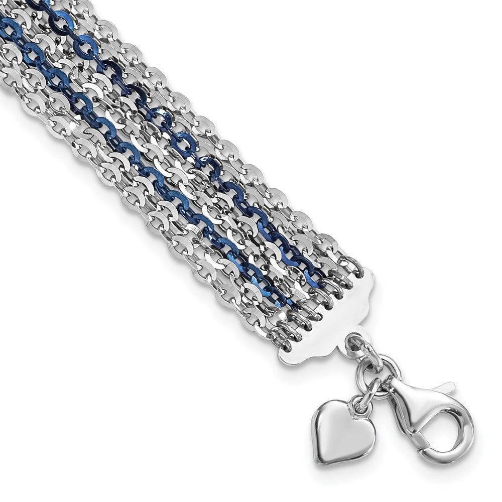 Sterling Silver Rhodium & Blue-Plated Multi-Strand Chain Bracelet, 7.5 x 13 mm