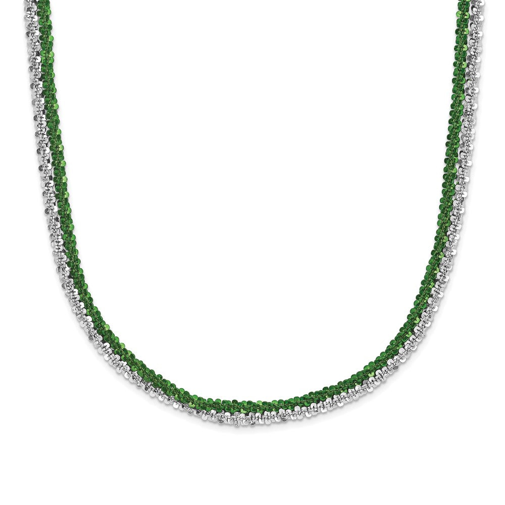 Sterling Silver Rhodium & Green-plated 2-Strand Adjustable Necklace, 20 x 3 mm