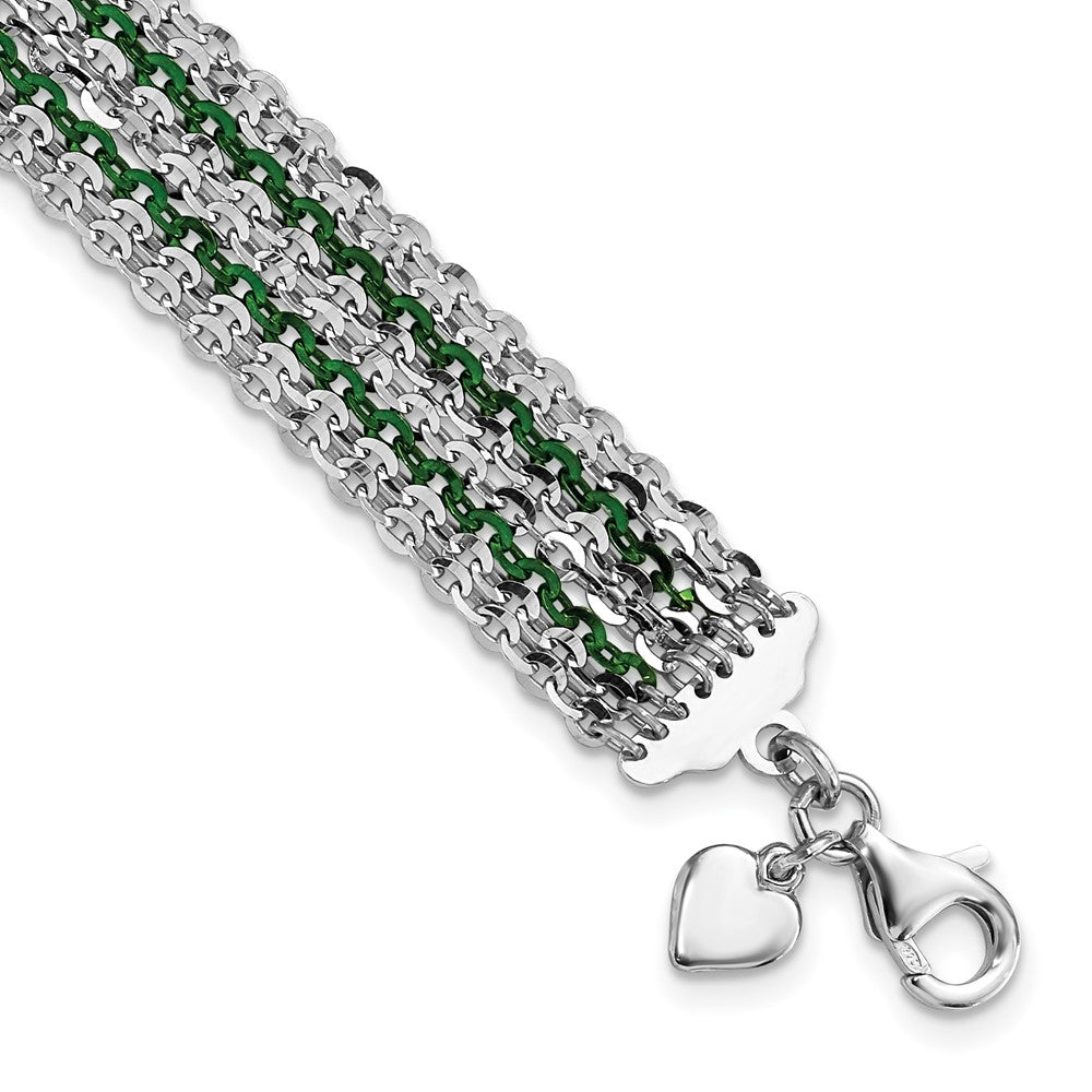 Sterling Silver Rhodium & Green-Plated Multi-Strand Chain Bracelet, 7.5 x 13 mm