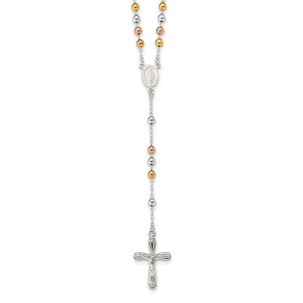 Sterling Silver Polished White Rose and Yellow Bead Rosary 18 inch Necklace, 18 mm