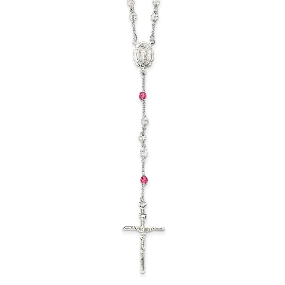 Sterling Silver Polished Crystal Rose Quartz Rosary Necklace, 21.5 mm