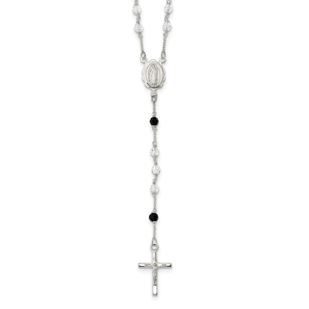 Sterling Silver Polished and Black Crystal Bead Rosary 23.5 inch Necklace, 23.5 mm
