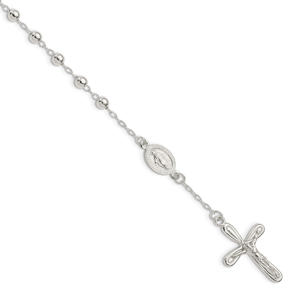 Sterling Silver Polished Beaded Single Decade Rosary 7.5 inch Bracelet, 7.5 mm