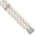Sterling Silver Rhodium-plated 7-8mm White Near-round Freshwater Cultured Pearl and CZ 2-Strand 7 inch Bracelet, 7 mm