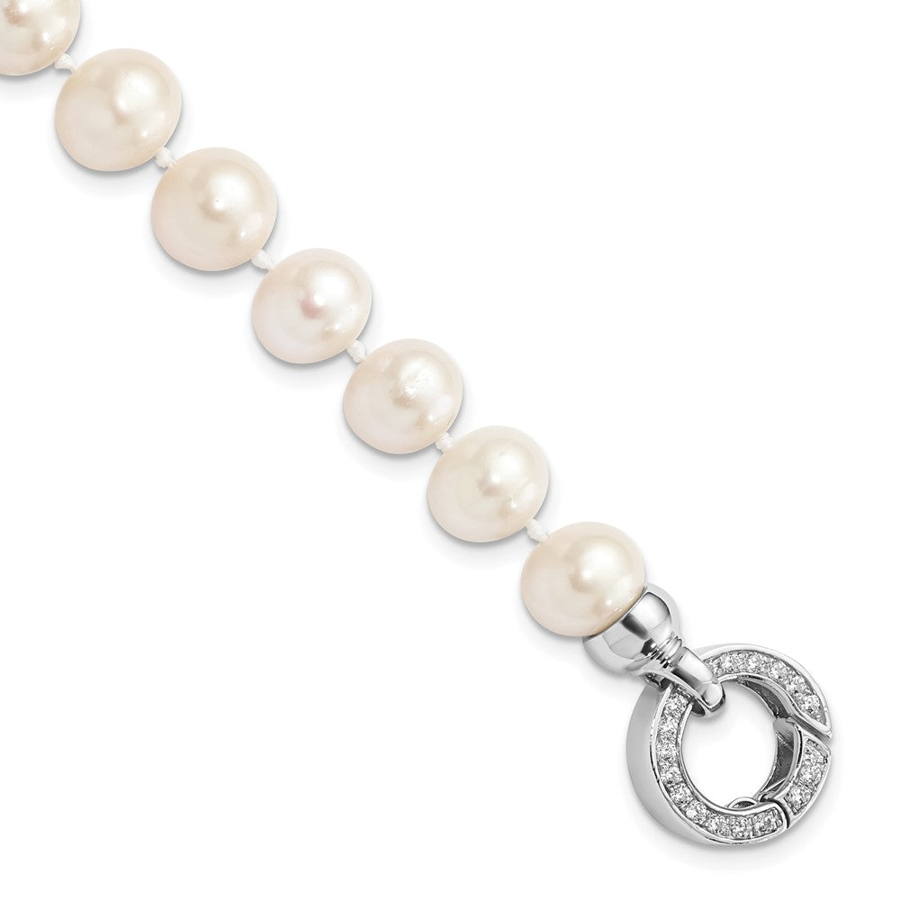 Sterling Silver Rhodium-plated 9-10mm White Near-Round Freshwater Cultured Pearl and CZ Fancy 7.5 inch Bracelet, 7.5 mm