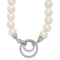 Sterling Silver Rhodium-plated 10-11mm White Near-Round Freshwater Cultured Pearl and CZ Clasp Adjustable 19.5 inch Necklace, 19.5 x 25 mm