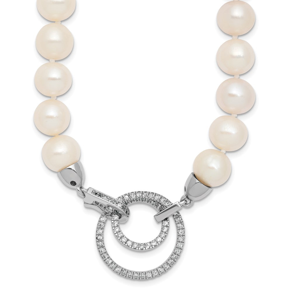 Sterling Silver Rhodium-plated 10-11mm White Near-Round Freshwater Cultured Pearl and CZ Clasp Adjustable 19.5 inch Necklace, 19.5 x 25 mm